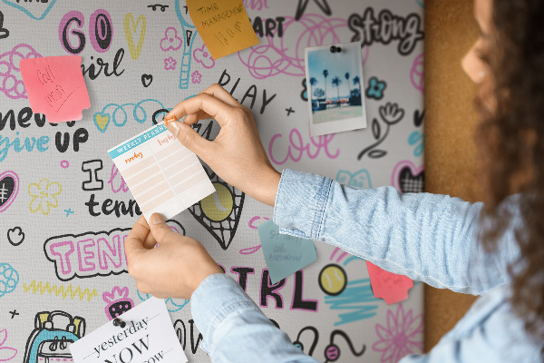 Prikbord met sportieve motieven en energieke slogans