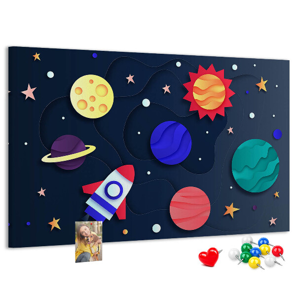 Kurk prikbord met een ruimtereis langs kleurrijke planeten