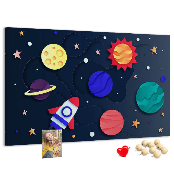 Kurk prikbord met een ruimtereis langs kleurrijke planeten