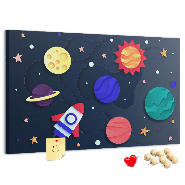 Kurk prikbord met een ruimtereis langs kleurrijke planeten