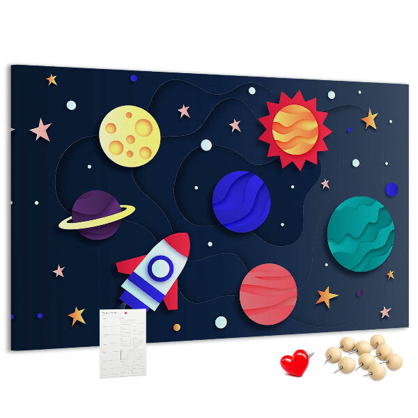Kurk prikbord met een ruimtereis langs kleurrijke planeten