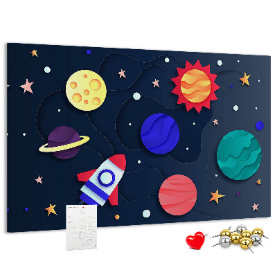Kurk prikbord met een ruimtereis langs kleurrijke planeten