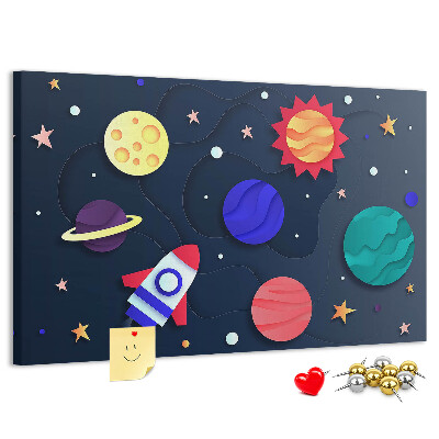 Kurk prikbord met een ruimtereis langs kleurrijke planeten
