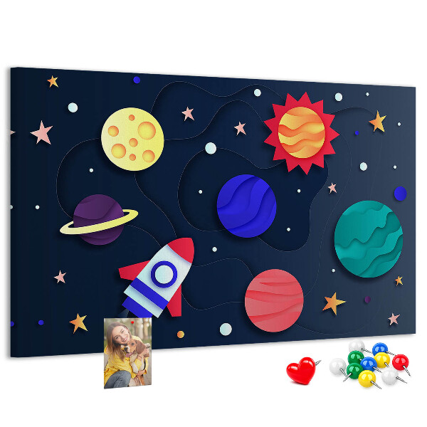 Kurk prikbord met een ruimtereis langs kleurrijke planeten