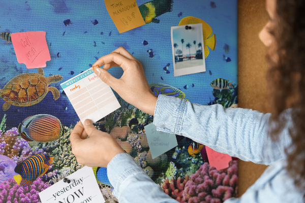 Prikbord met een tropische wereld vol onderwaterkleuren en vissen