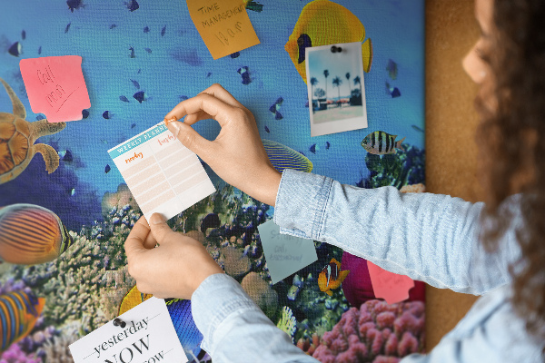 Prikbord met een tropische wereld vol onderwaterkleuren en vissen