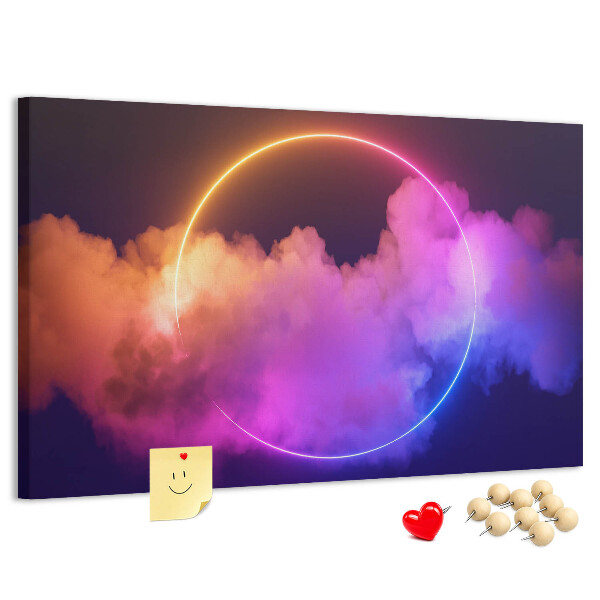 Prikbord met kleurrijke wolken en een neonkleurige cirkel