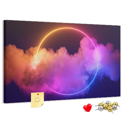 Prikbord met kleurrijke wolken en een neonkleurige cirkel