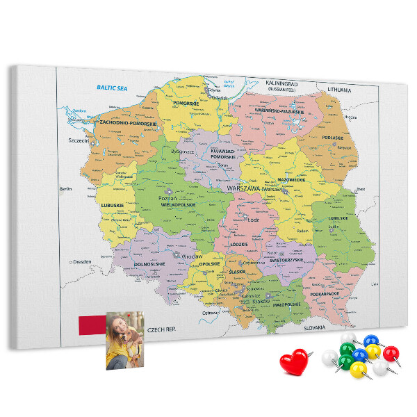 Kurken prikbord met kaart van Polen en gekleurde woiwodschappen