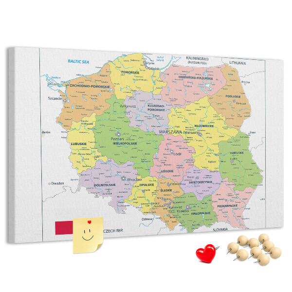 Kurken prikbord met kaart van Polen en gekleurde woiwodschappen