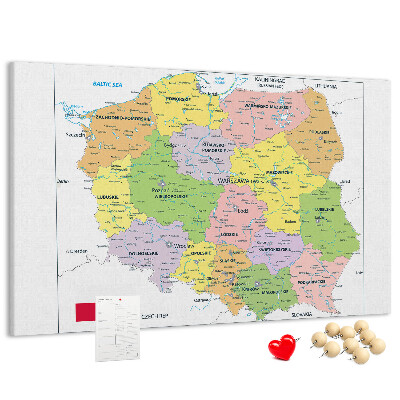 Kurken prikbord met kaart van Polen en gekleurde woiwodschappen