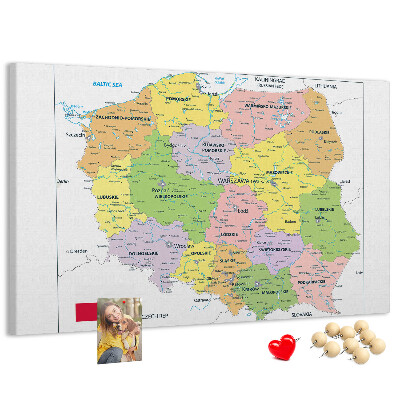 Kurken prikbord met kaart van Polen en gekleurde woiwodschappen