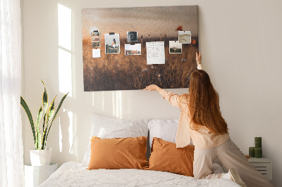 Kurkbord met een gouden klaprozenveld bij zonsondergang