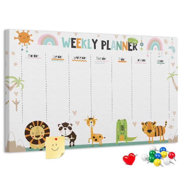 Kurk prikbord met een kleurrijke weekplanner en dierenprint