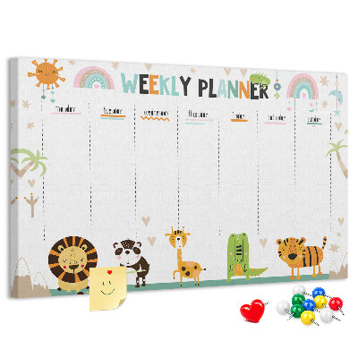 Kurk prikbord met een kleurrijke weekplanner en dierenprint
