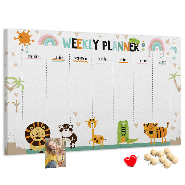 Kurk prikbord met een kleurrijke weekplanner en dierenprint