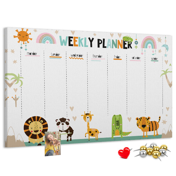 Kurk prikbord met een kleurrijke weekplanner en dierenprint