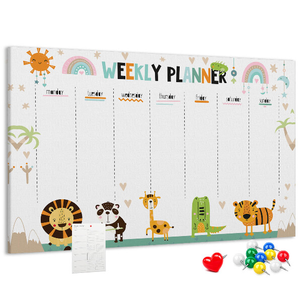 Kurk prikbord met een kleurrijke weekplanner en dierenprint