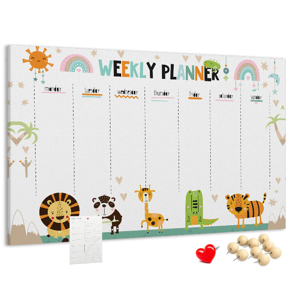 Kurk prikbord met een kleurrijke weekplanner en dierenprint