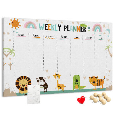 Kurk prikbord met een kleurrijke weekplanner en dierenprint