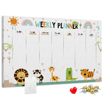 Kurk prikbord met een kleurrijke weekplanner en dierenprint