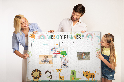 Kurk prikbord met een kleurrijke weekplanner en dierenprint