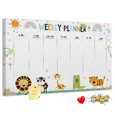 Kurk prikbord met een kleurrijke weekplanner en dierenprint
