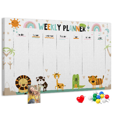 Kurk prikbord met een kleurrijke weekplanner en dierenprint