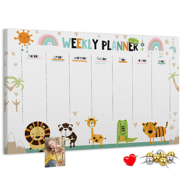 Kurk prikbord met een kleurrijke weekplanner en dierenprint