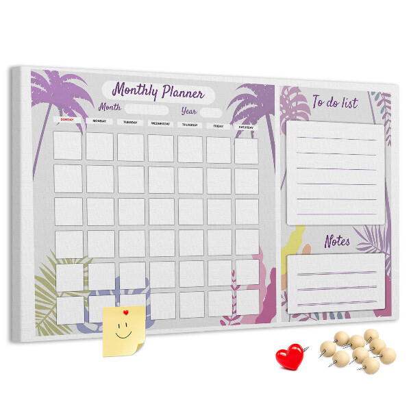 Kurk prikbord maandkalender met tropisch plantenmotief