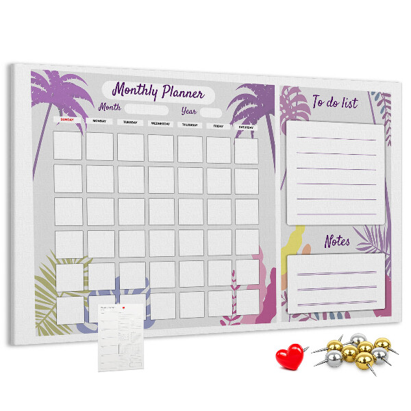 Kurk prikbord maandkalender met tropisch plantenmotief