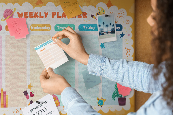Kurkbord met een kleurrijke weekplanner en schoolthema's