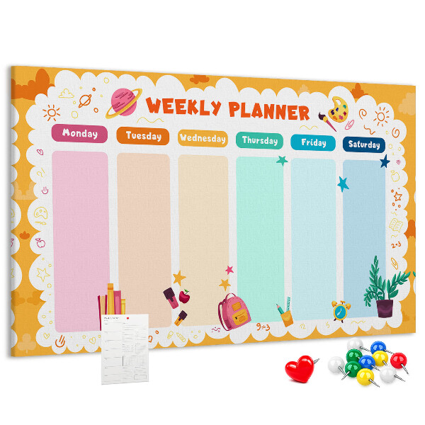 Kurkbord met een kleurrijke weekplanner en schoolthema's