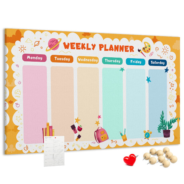 Kurkbord met een kleurrijke weekplanner en schoolthema's