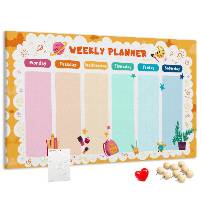 Kurkbord met een kleurrijke weekplanner en schoolthema's