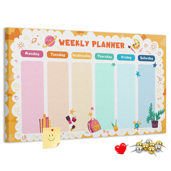 Kurkbord met een kleurrijke weekplanner en schoolthema's