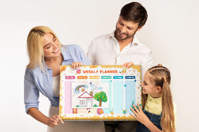 Kurkbord met een kleurrijke weekplanner en schoolthema's