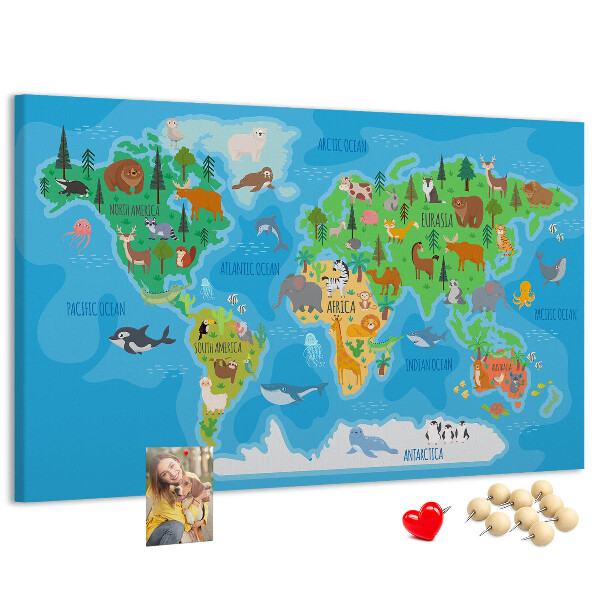 Kurken prikbord wereldkaart met afbeeldingen van dieren