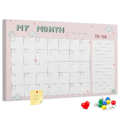 Kurken prikbord roze kalender met wolkjes en hartjes