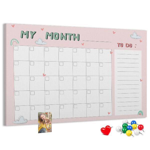 Kurken prikbord roze kalender met wolkjes en hartjes