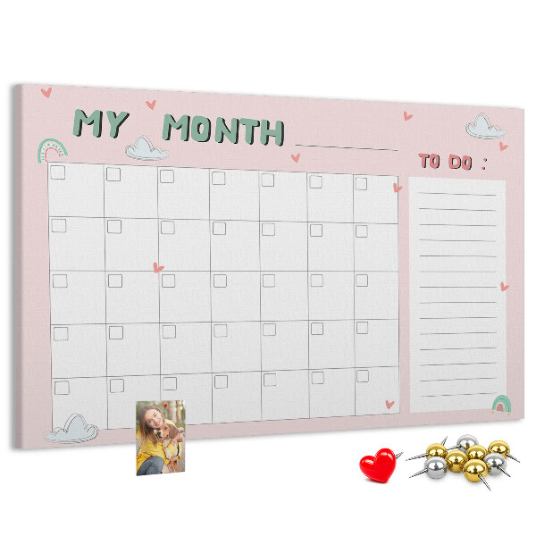Kurken prikbord roze kalender met wolkjes en hartjes