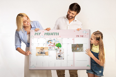 Kurken prikbord roze kalender met wolkjes en hartjes