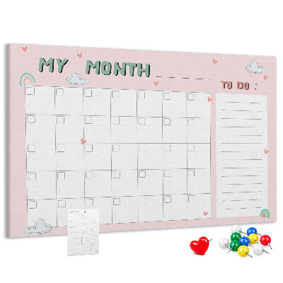 Kurken prikbord roze kalender met wolkjes en hartjes