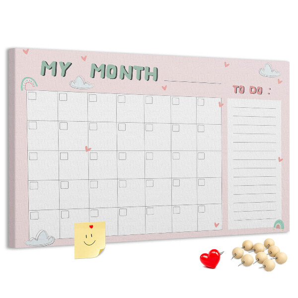 Kurken prikbord roze kalender met wolkjes en hartjes