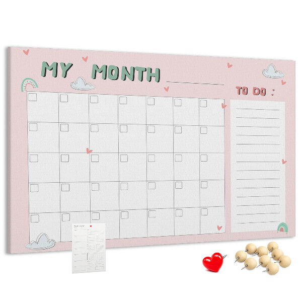 Kurken prikbord roze kalender met wolkjes en hartjes