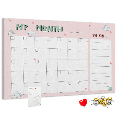 Kurken prikbord roze kalender met wolkjes en hartjes