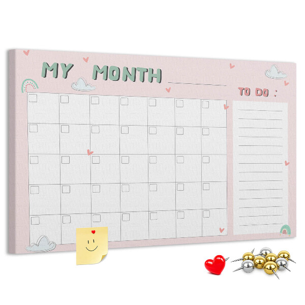 Kurken prikbord roze kalender met wolkjes en hartjes