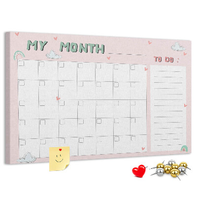 Kurken prikbord roze kalender met wolkjes en hartjes
