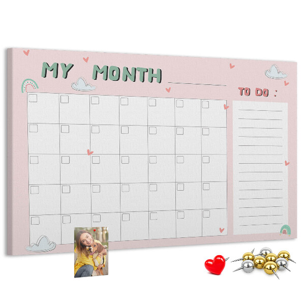Kurken prikbord roze kalender met wolkjes en hartjes