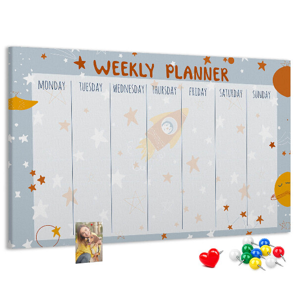Kurk prikbord met kosmisch weekschema en sterrenmotief